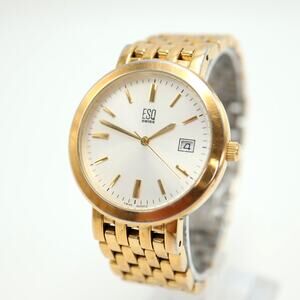 Vintage ESQ Swiss Gold Tone Watch 35mm Silver Date Dial St. Steel w New Battery
